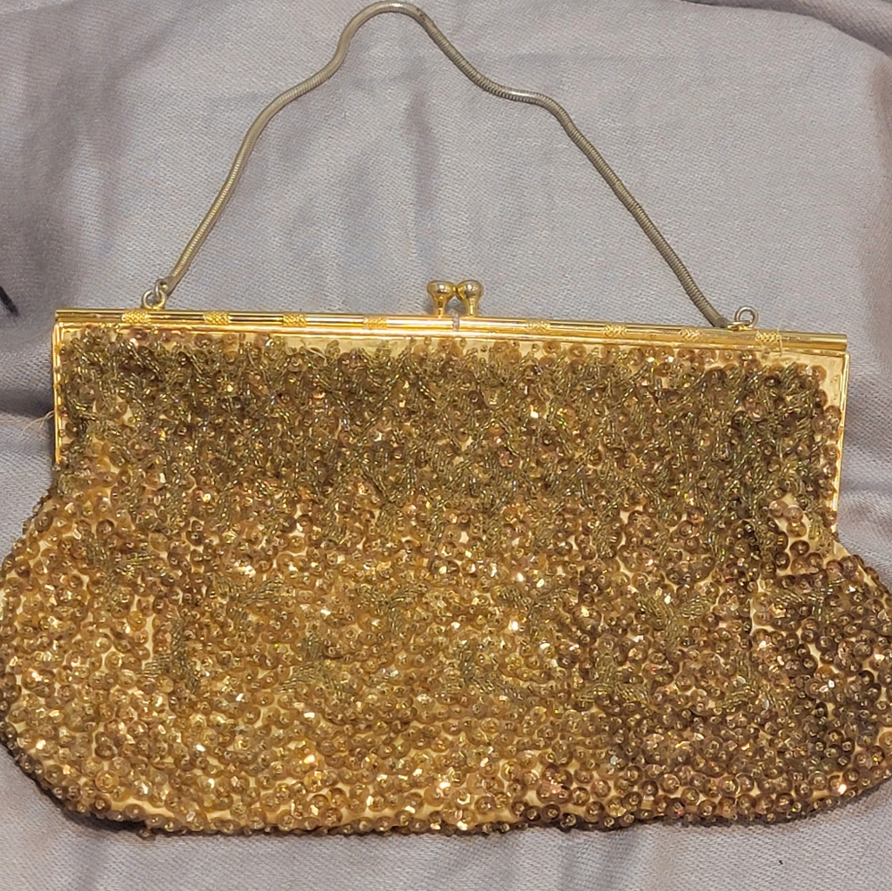 Vintage Weinstock Lubin & Co.British Crown Colony Beaded Gold Evening Bag 1950s